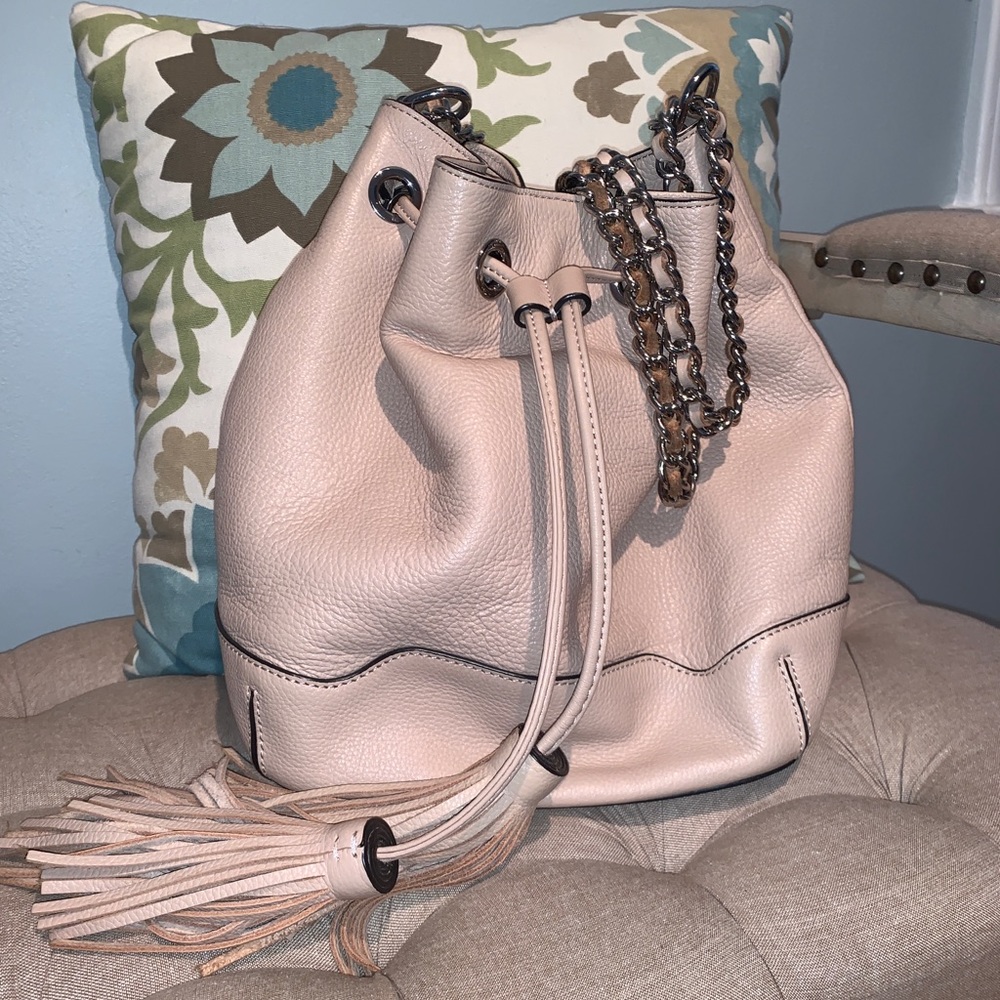 Rebecca Minkoff soft pink Lexi bucket bag.